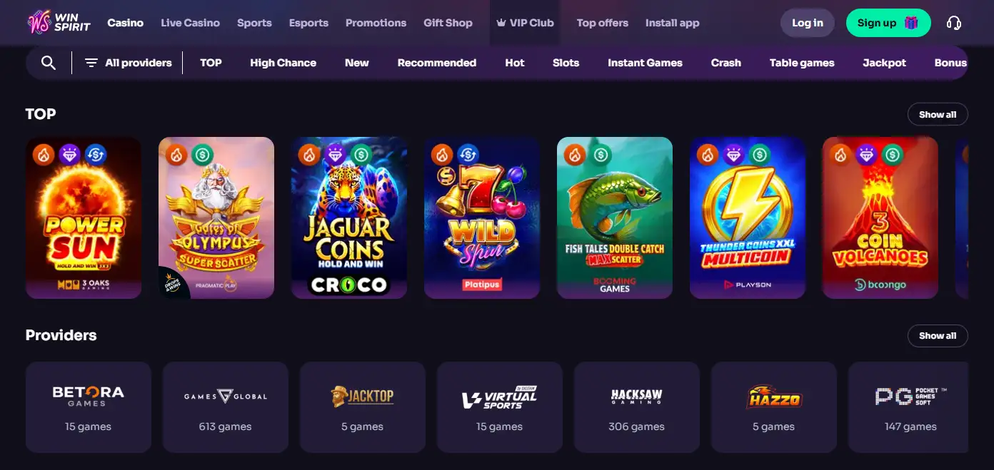 WinSpirit casino lobby with game-category tabs and rows of game tiles